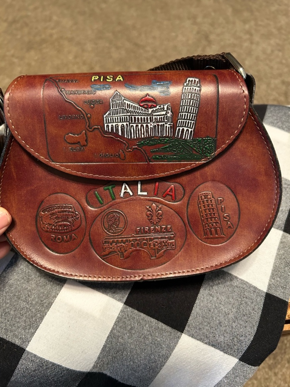 Brown Italia Embossed Leather Crossbody Bag